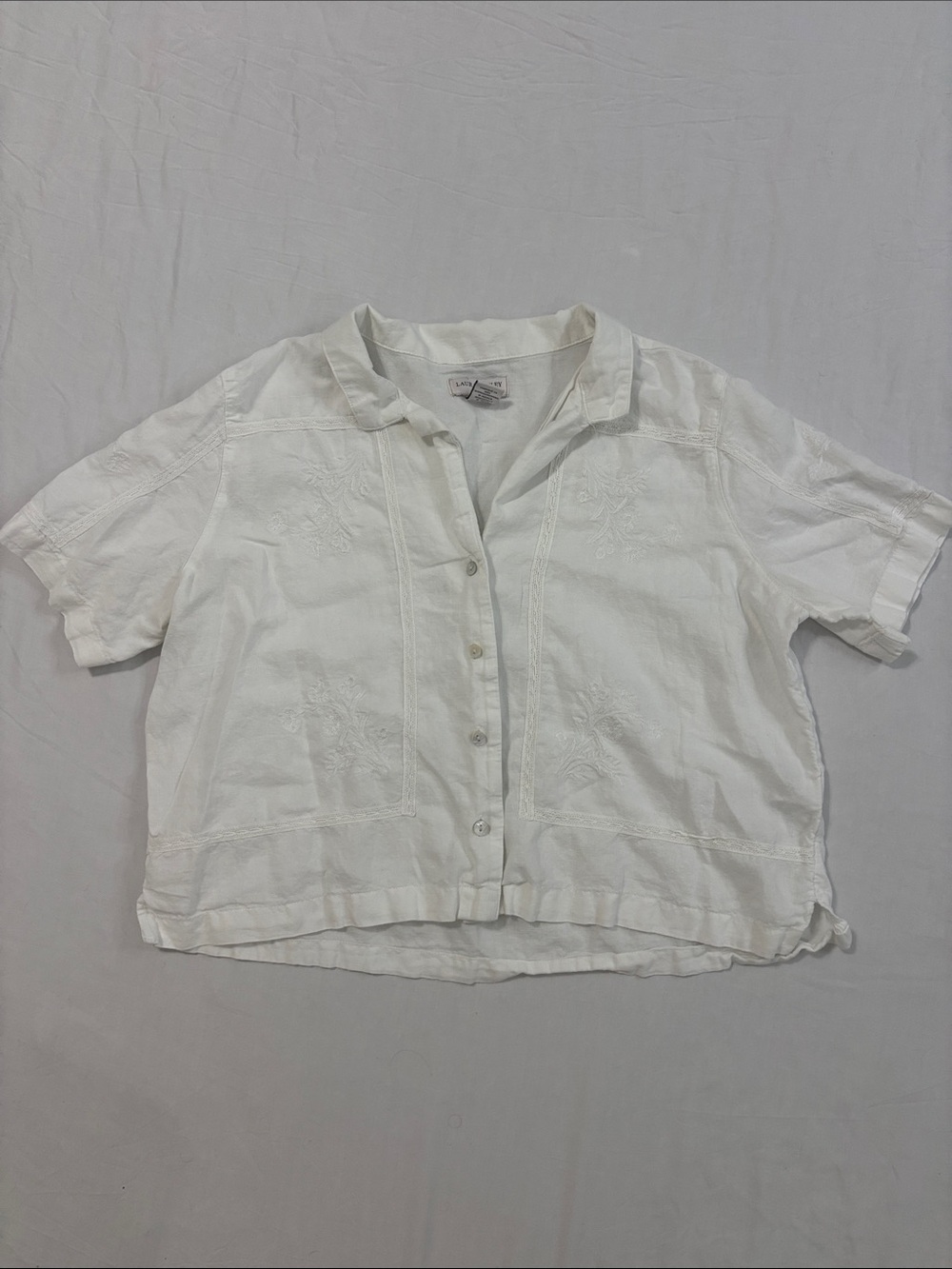 Laura Ashley White Short-Sleeve Embroidered Button-Down Top